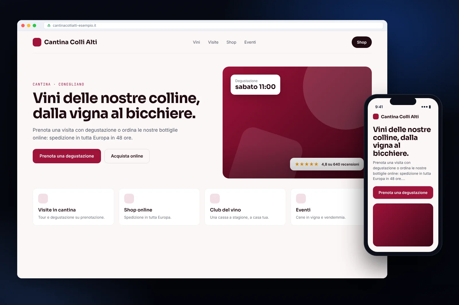Mockup di sito web per una cantina di Conegliano: vini, visite con degustazione e shop online