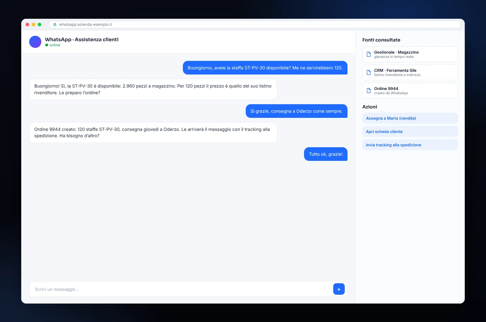 Mockup di WhatsApp aziendale collegato a gestionale e CRM: richiesta del cliente, disponibilità in tempo reale e ordine creato dalla chat