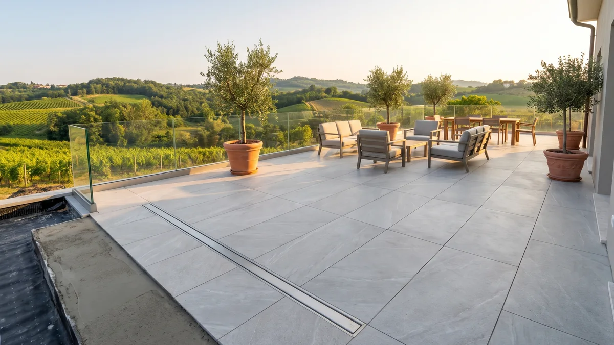 Terrazzo rifatto con gres da esterno grande formato, canalina e impermeabilizzazione