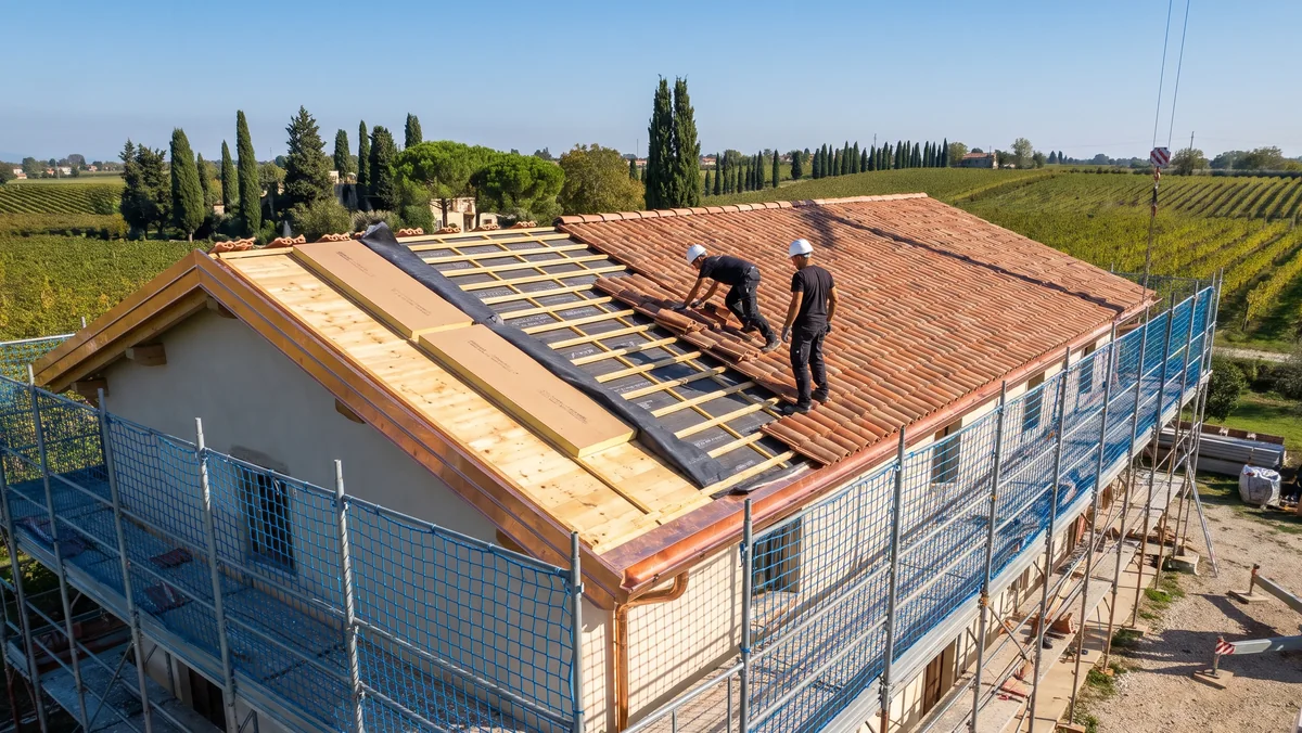 Rifacimento di un tetto in coppi in Veneto: ponteggio, isolamento, guaina e tegole nuove