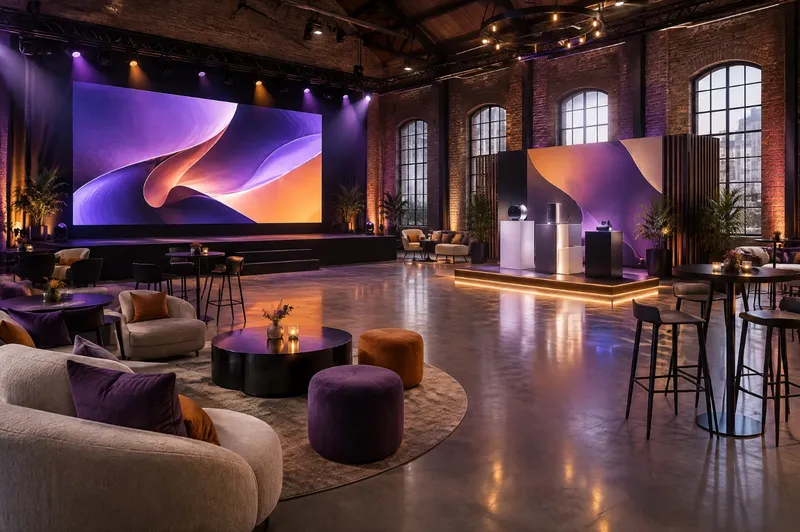 Render di allestimento per evento aziendale con palco, ledwall, podi espositivi e area lounge