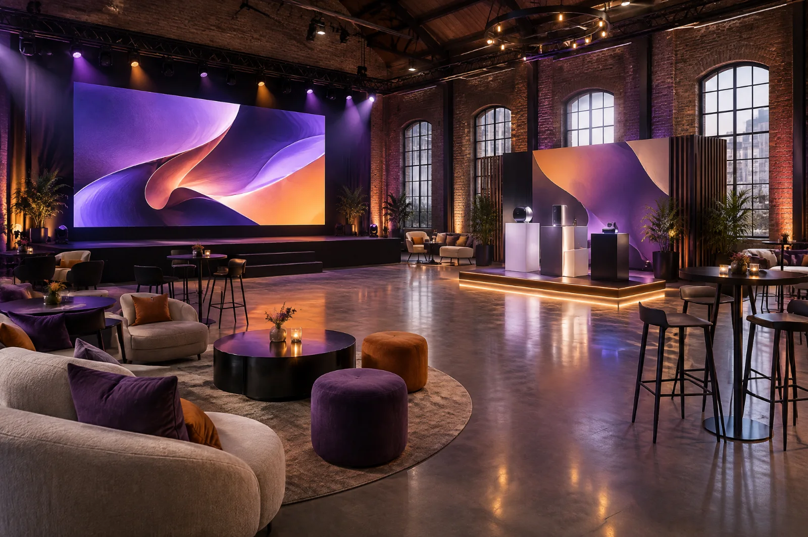 Render di allestimento per evento aziendale con palco, ledwall, podi espositivi e area lounge