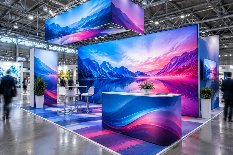 Render di stand con grande grafica in tessuto teso retroilluminato, banco rivestito e banner sospeso