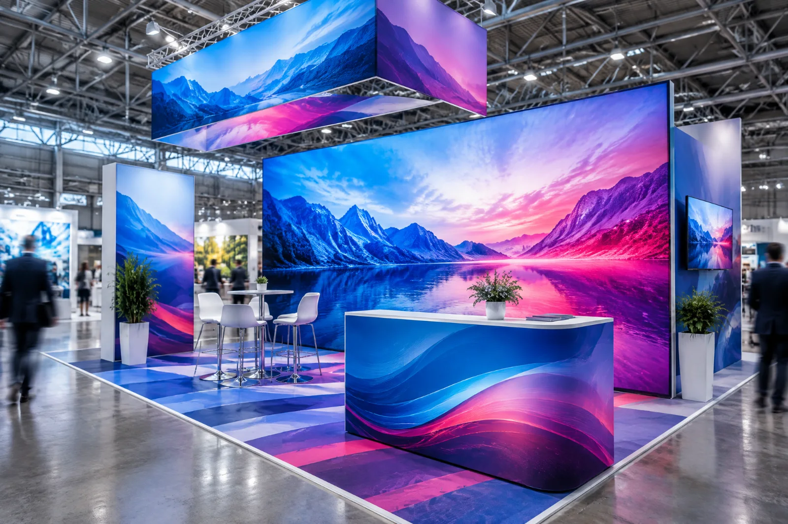 Render di stand con grande grafica in tessuto teso retroilluminato, banco rivestito e banner sospeso