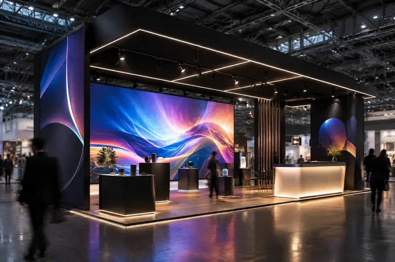 Render di stand con ledwall ad alta risoluzione, profili LED lineari e faretti sui prodotti