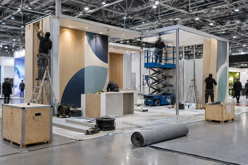 Montatori al lavoro su uno stand fieristico durante l'allestimento, con telai in alluminio, pannelli e piattaforma elevatrice