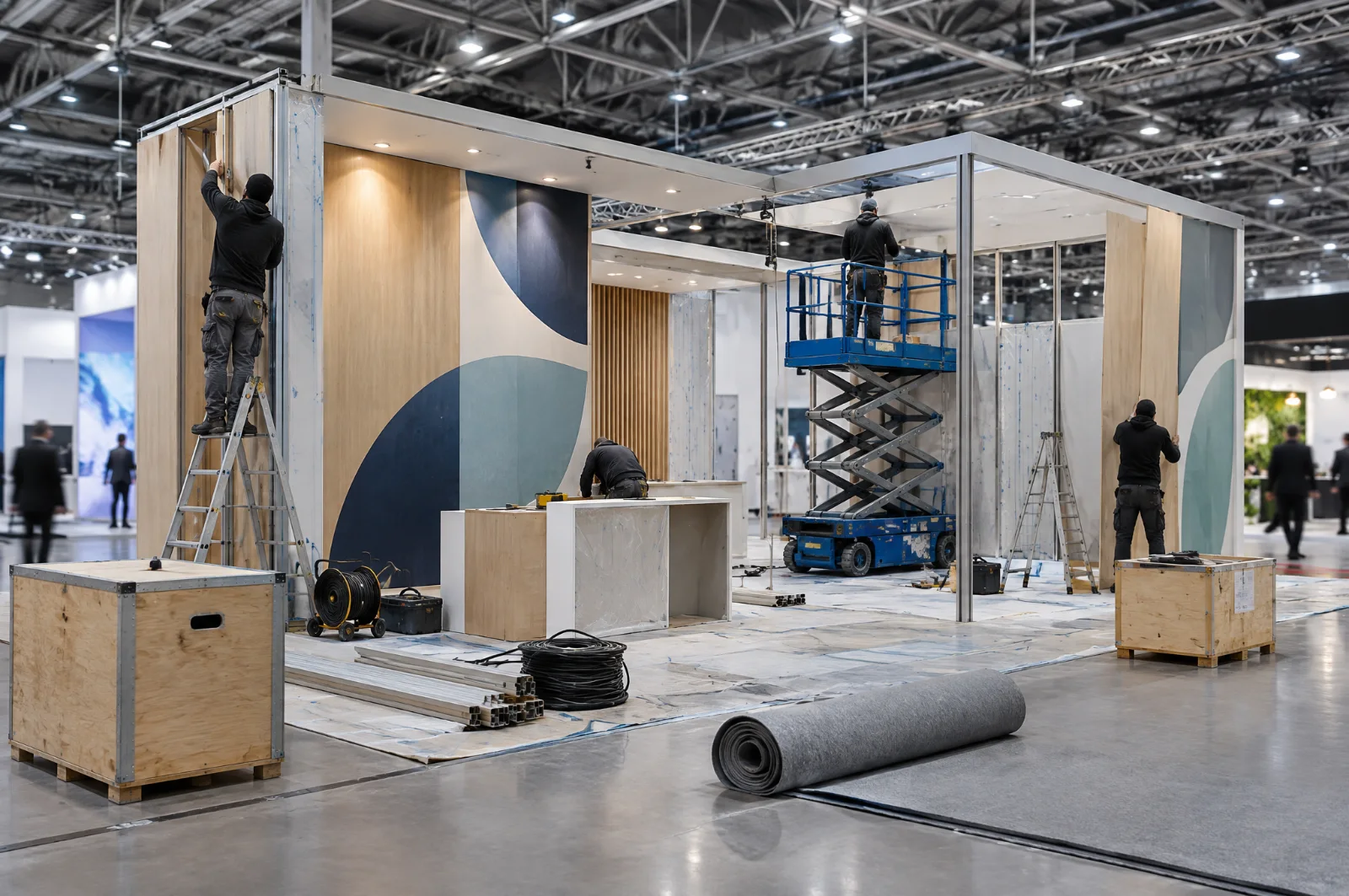 Montatori al lavoro su uno stand fieristico durante l'allestimento, con telai in alluminio, pannelli e piattaforma elevatrice