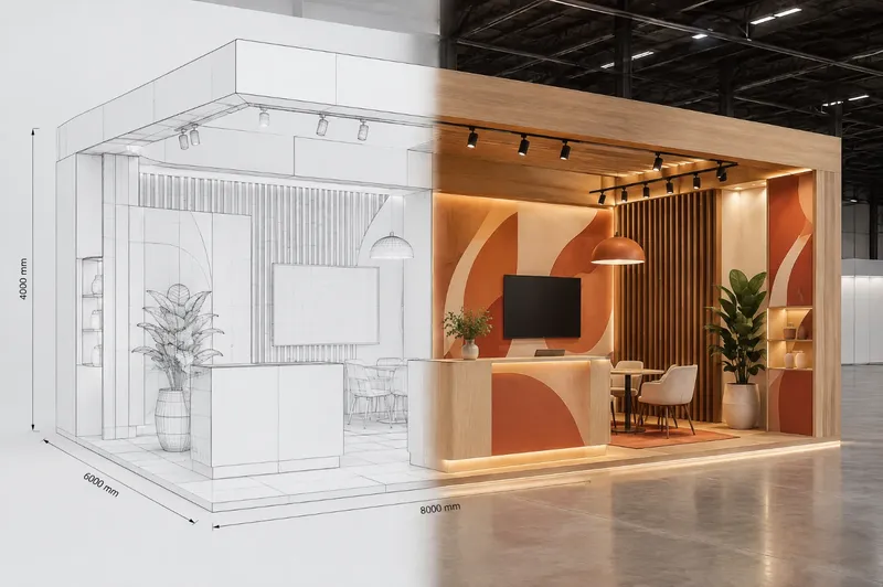 Progettazione stand fieristico: metà modello 3D in wireframe e metà render fotorealistico
