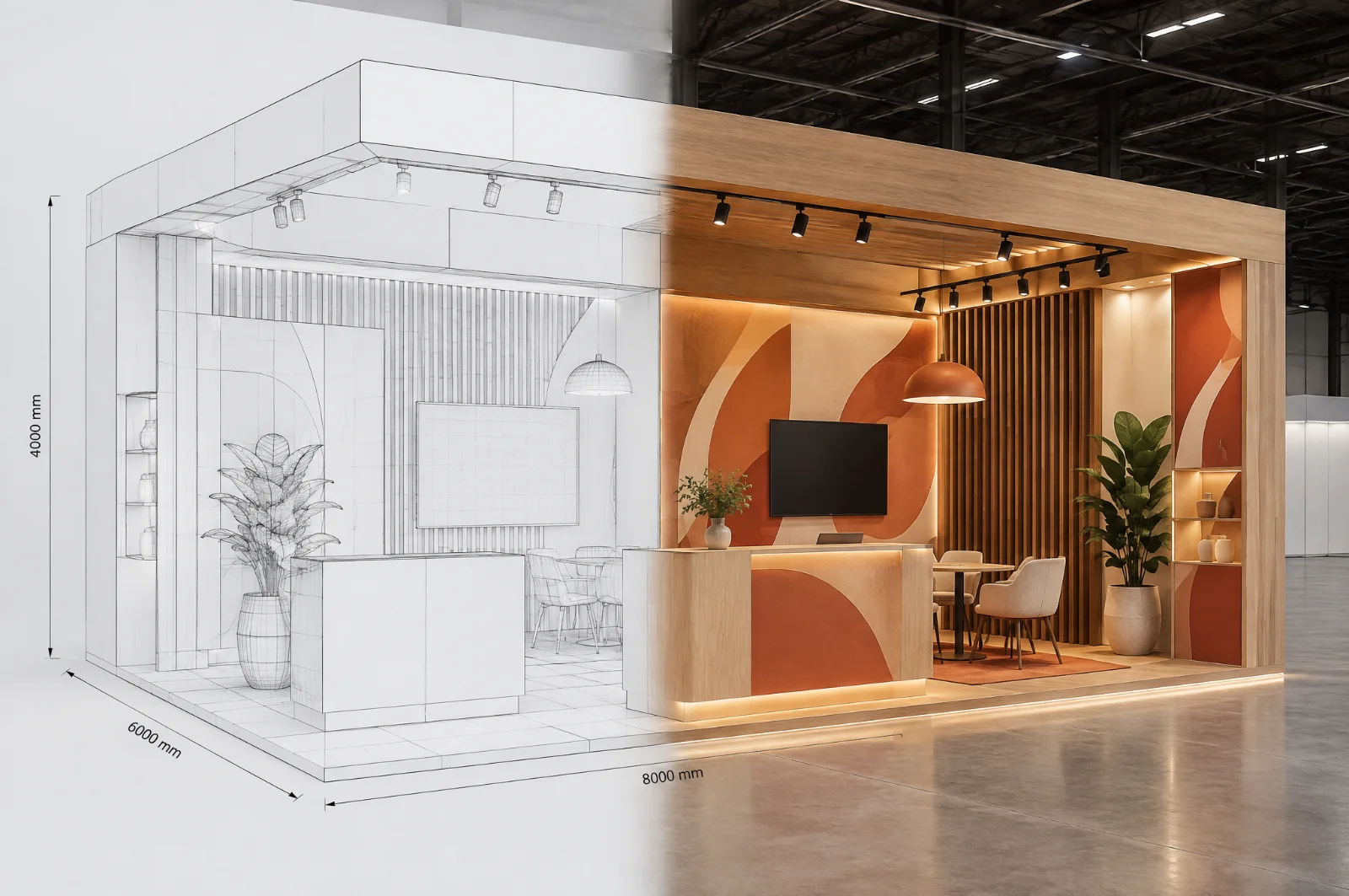 Progettazione stand fieristico: metà modello 3D in wireframe e metà render fotorealistico