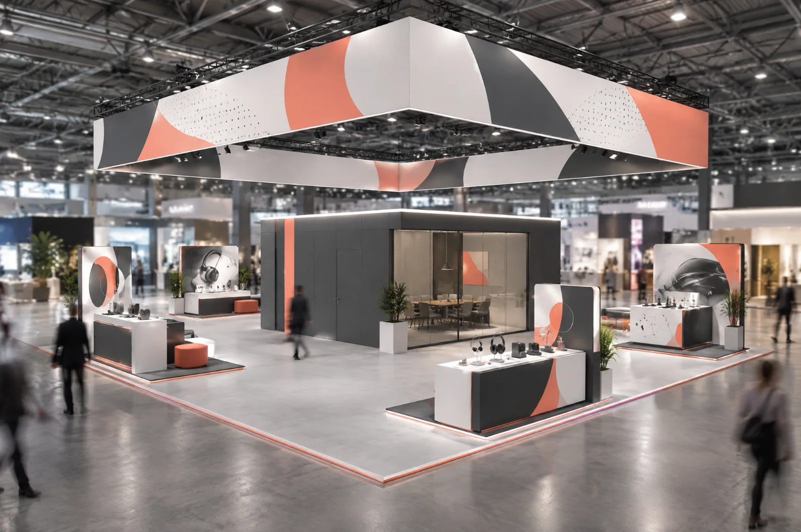 Render di stand a isola di 120 mq aperto su quattro lati, con nucleo centrale e banner sospeso