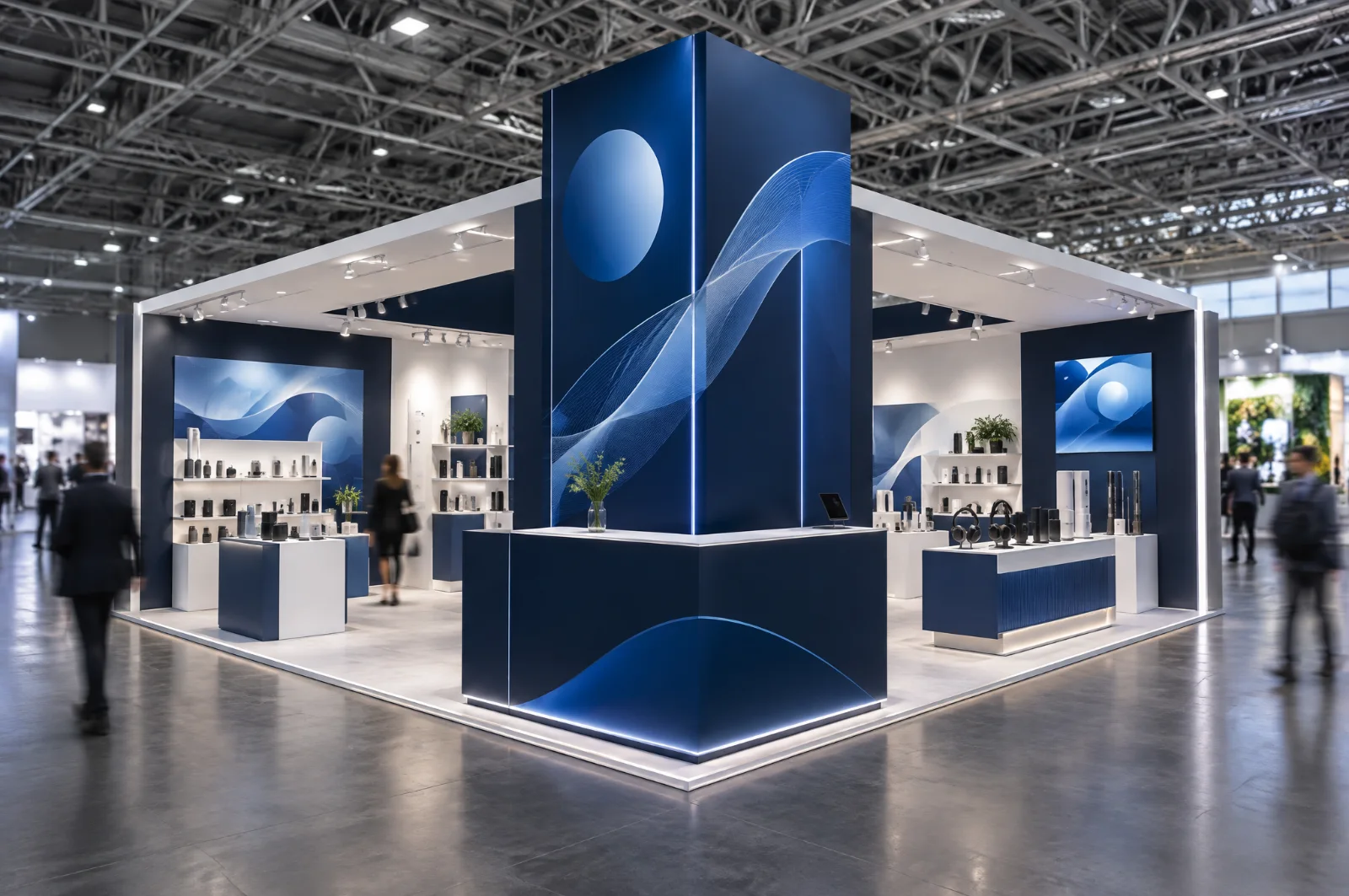 Render di stand ad angolo di 40 mq con torre angolare, pareti a L e due lati aperti