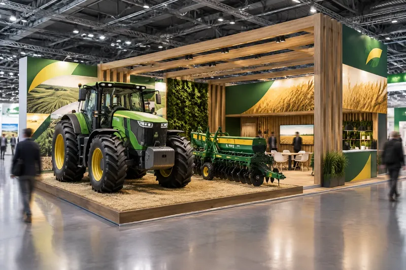 Render di stand per agricoltura con trattore su pedana, pergolato in legno e area incontri