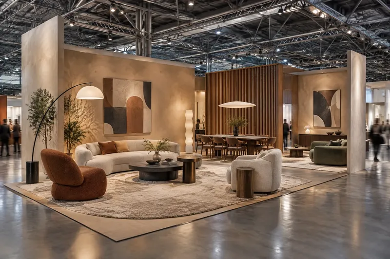 Render di stand per arredo e design allestito come un living con divani, tavoli e lampade