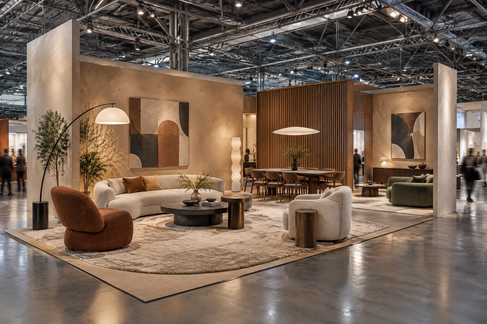 Render di stand per arredo e design allestito come un living con divani, tavoli e lampade