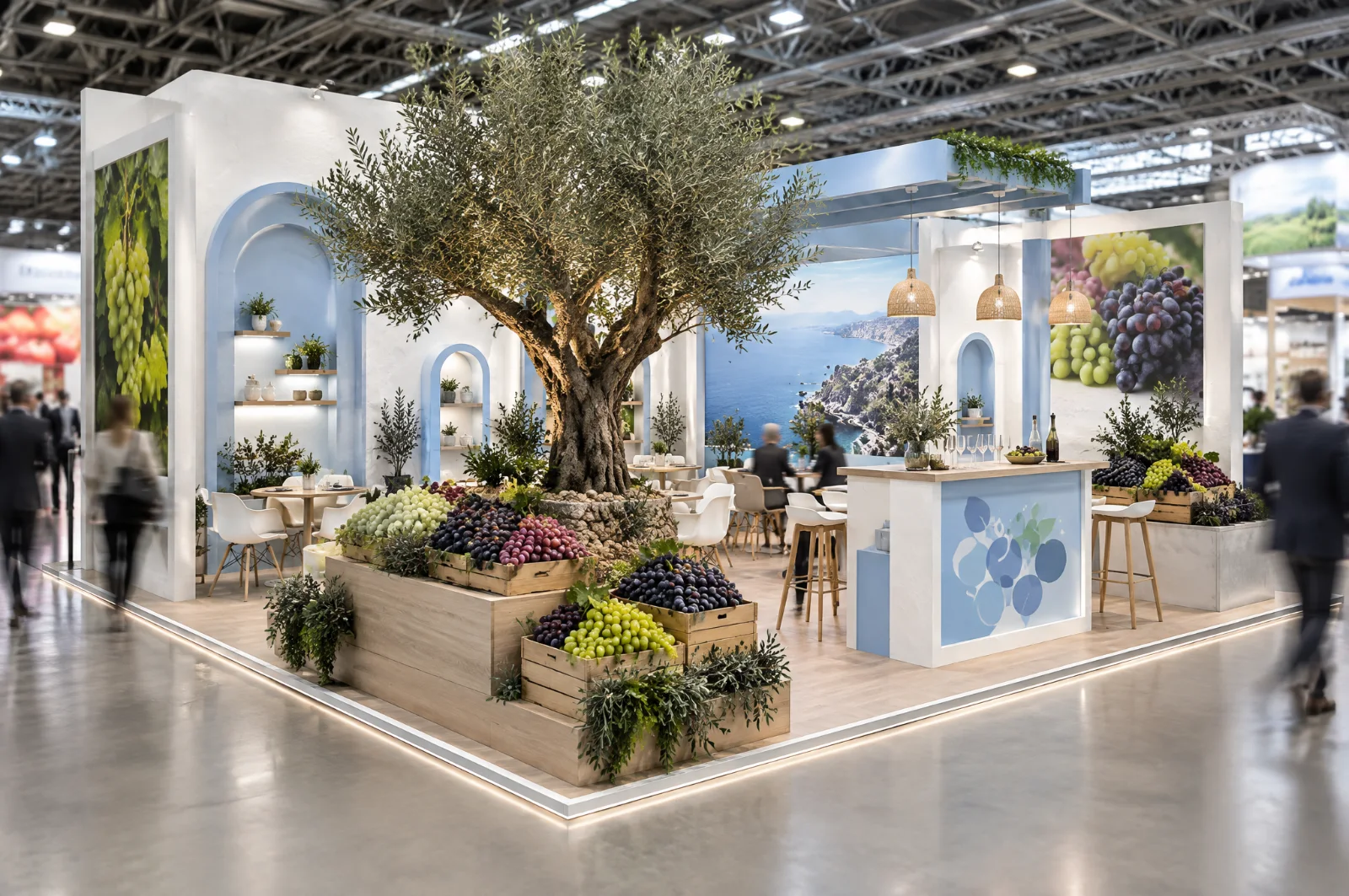Render di stand agroalimentare mediterraneo con uva da tavola in cassette, ulivo e pareti bianche