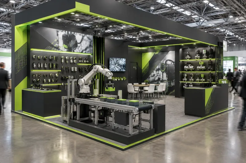 Render di stand per automazione industriale con nastro trasportatore dimostrativo e braccio robotico