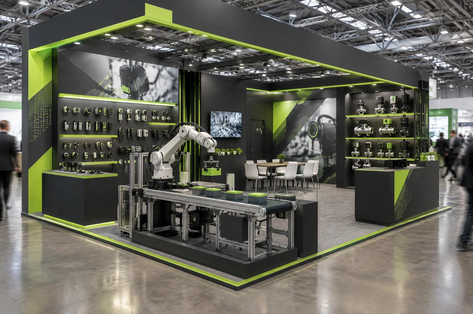 Render di stand per automazione industriale con nastro trasportatore dimostrativo e braccio robotico