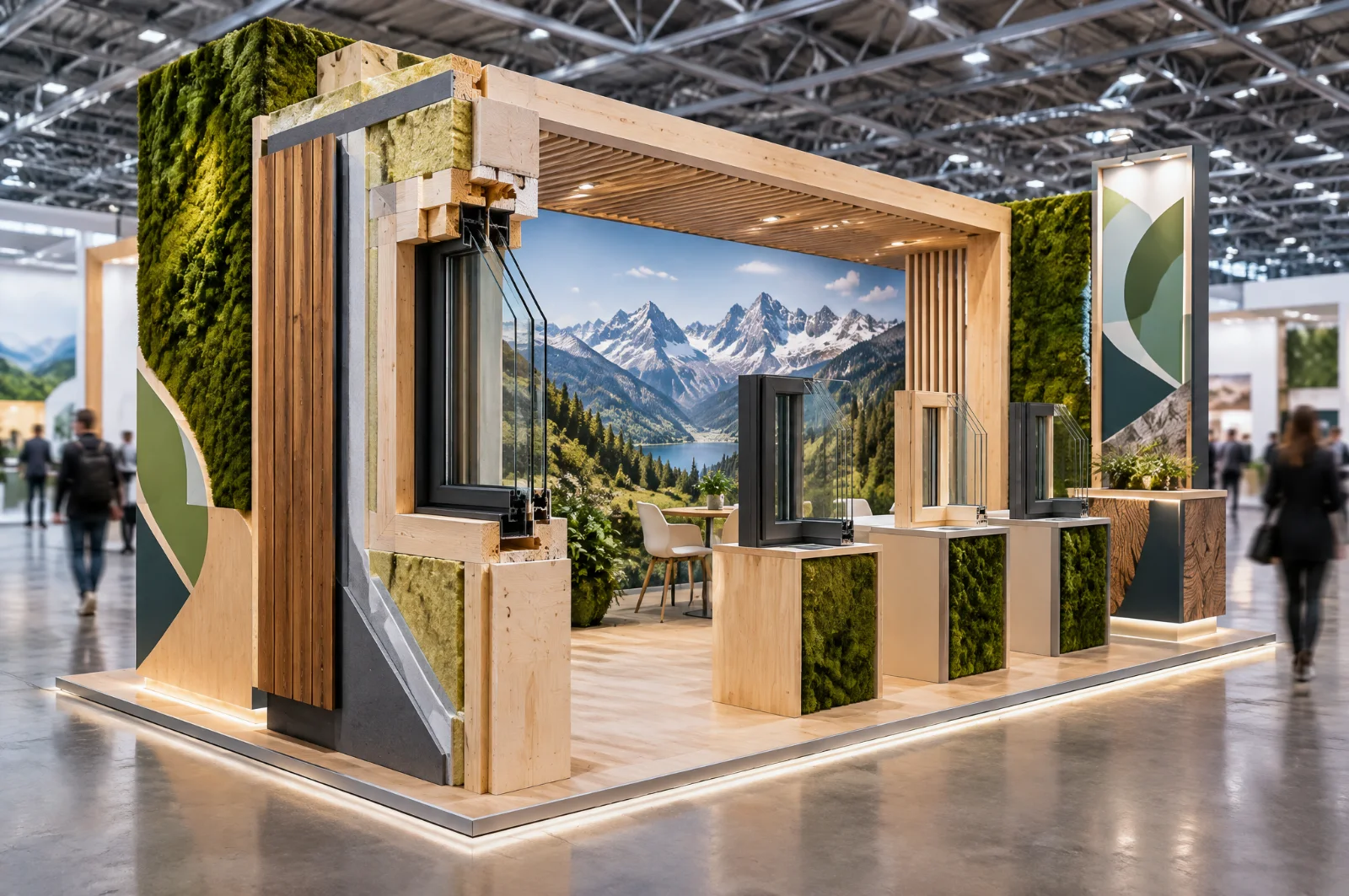 Render di stand per edilizia sostenibile con sezione di parete isolata, finestre e struttura in larice