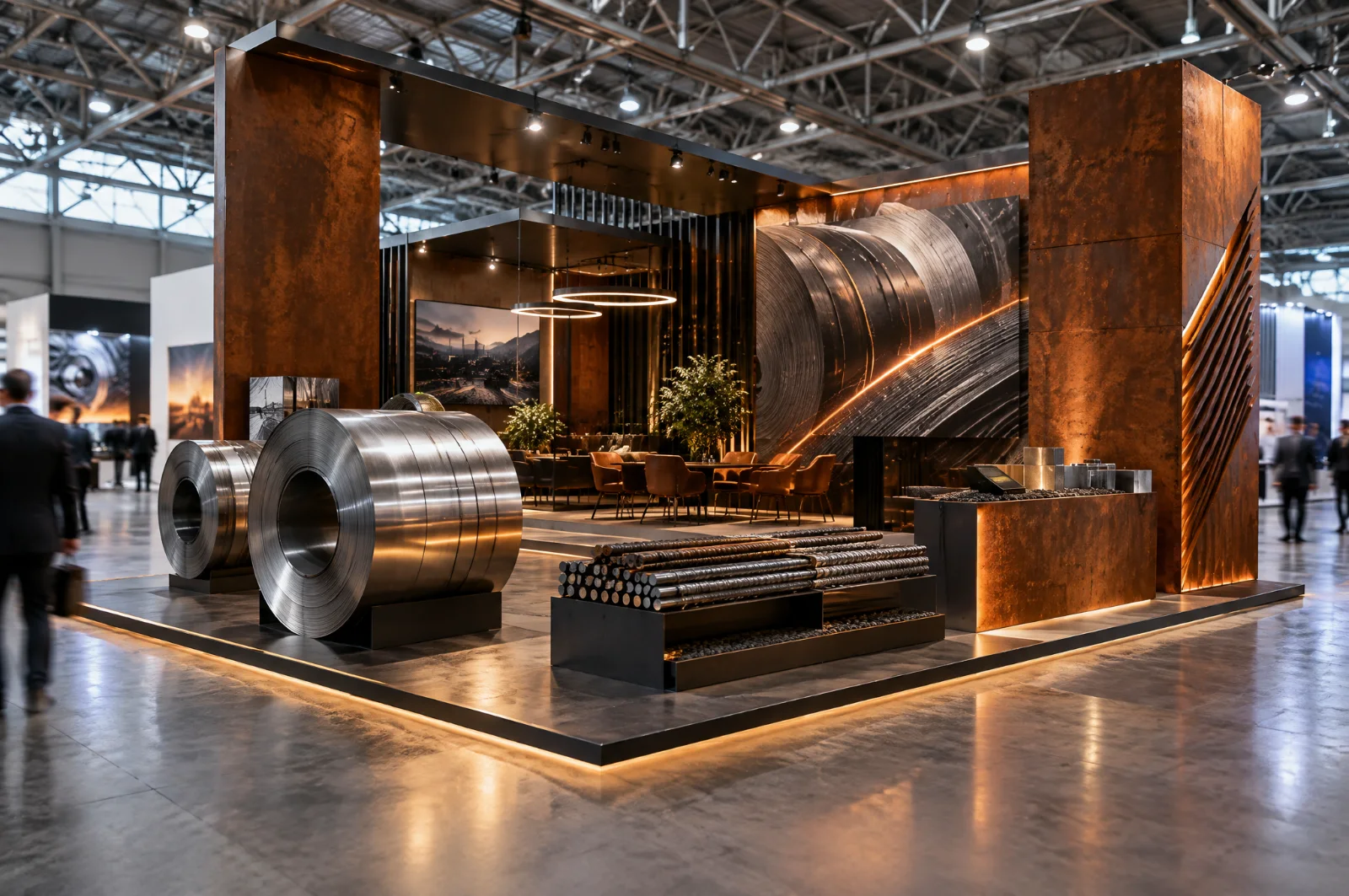 Render di stand per siderurgia con coil d'acciaio, rivestimenti in corten e pedana portante