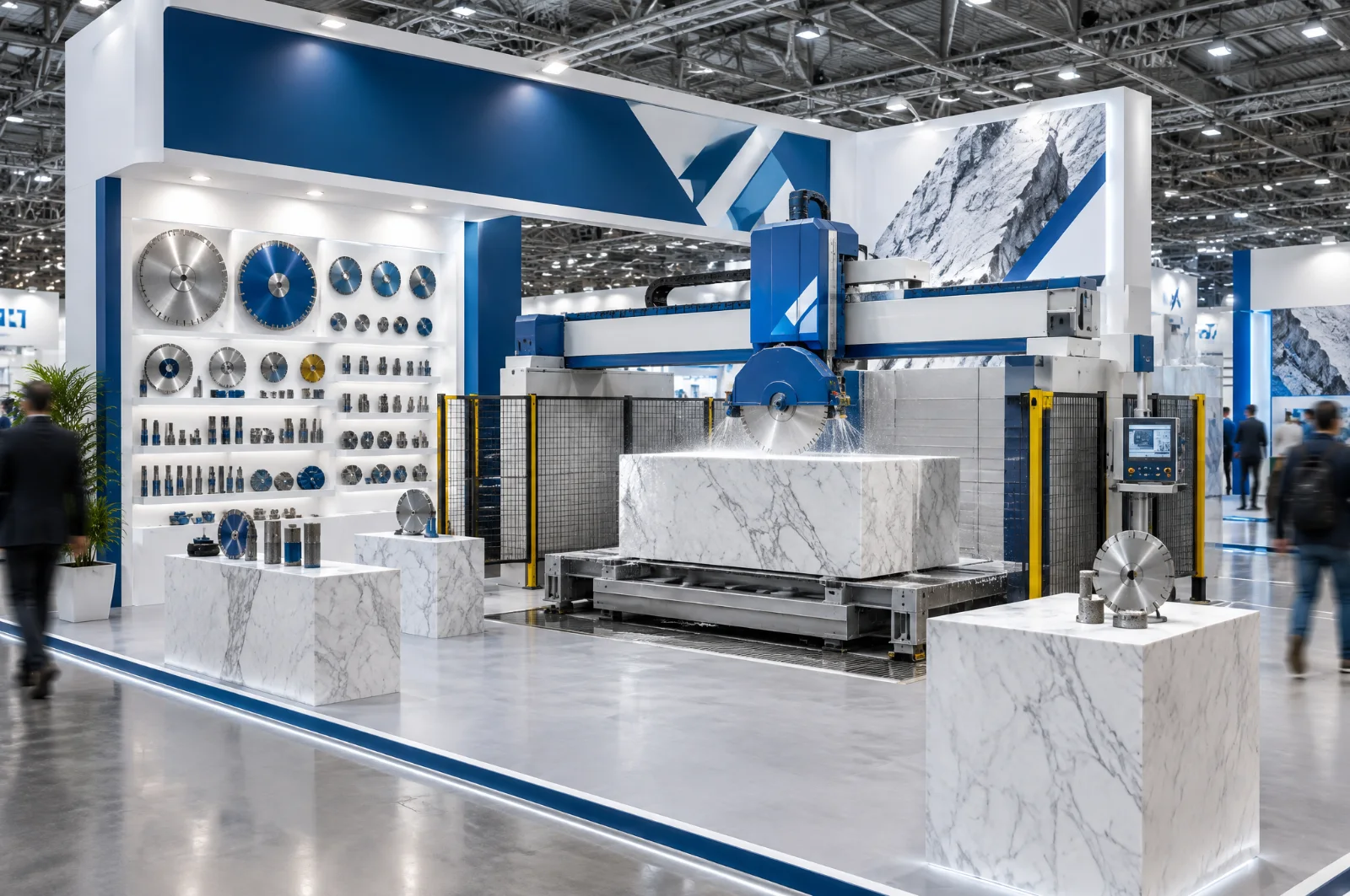 Render di stand per macchine da lavorazione del marmo con fresa a ponte e blocchi di marmo bianco