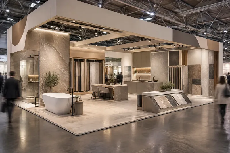 Render di stand per ceramica con ambientazioni bagno piastrellate e pareti campionario estraibili