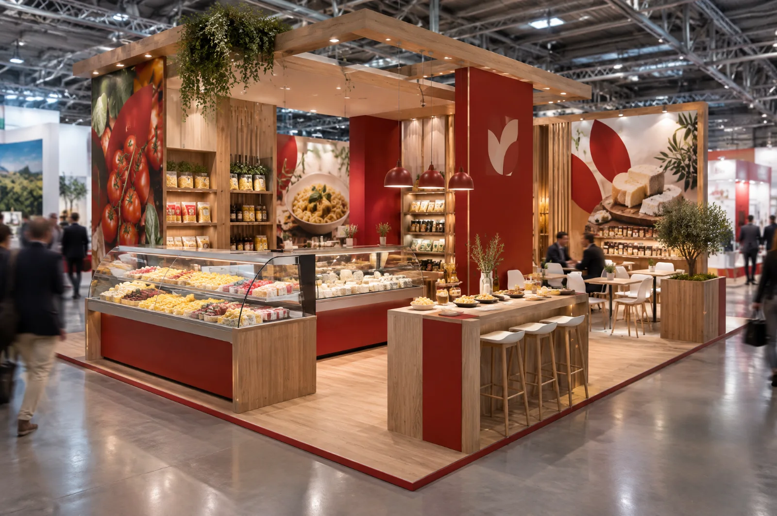Render di stand agroalimentare con banchi refrigerati, area assaggi e zona incontri con i buyer