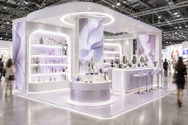Render di stand per cosmetica e beauty con espositori retroilluminati e banco dimostrazioni trucco