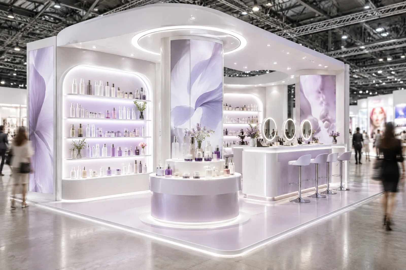 Render di stand per cosmetica e beauty con espositori retroilluminati e banco dimostrazioni trucco