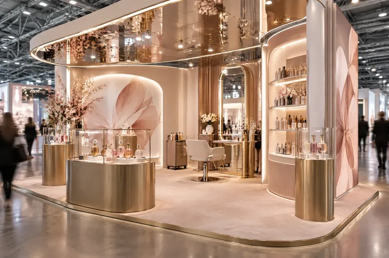 Render di stand per profumeria e haircare con vetrine, postazione dimostrativa e pareti curve retroilluminate