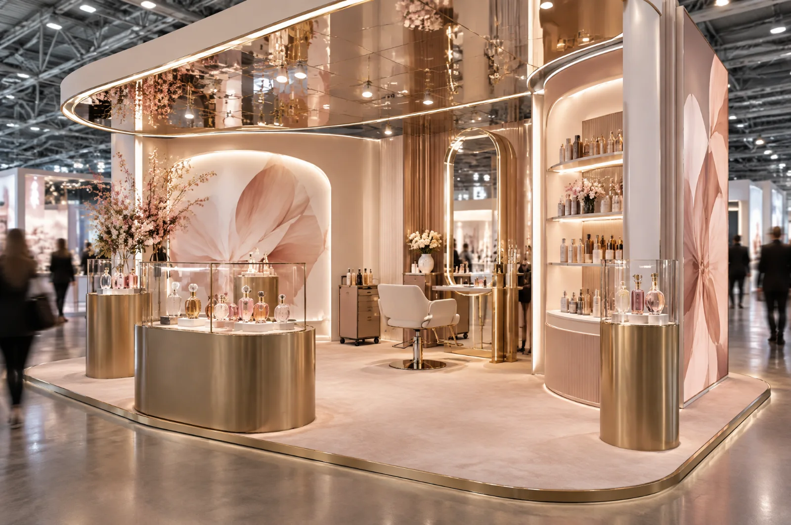 Render di stand per profumeria e haircare con vetrine, postazione dimostrativa e pareti curve retroilluminate