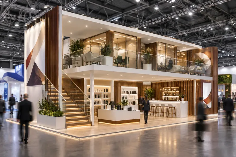 Render di stand a due piani con sale riunioni al piano superiore, balaustre in vetro e scala