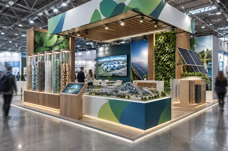 Render di stand per tecnologie ambientali con campioni di materiali riciclati, plastico e parete verde