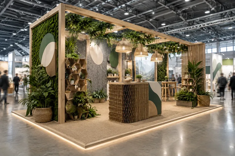 Render di stand ecosostenibile in legno riutilizzabile, cartone alveolare, feltro riciclato e piante
