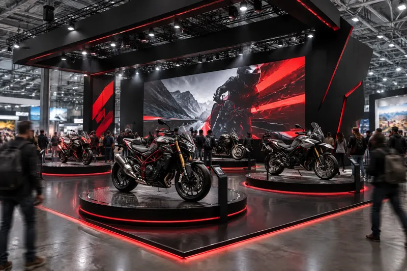 Render di stand per moto con motociclette su pedane rialzate, ledwall e luci d'effetto