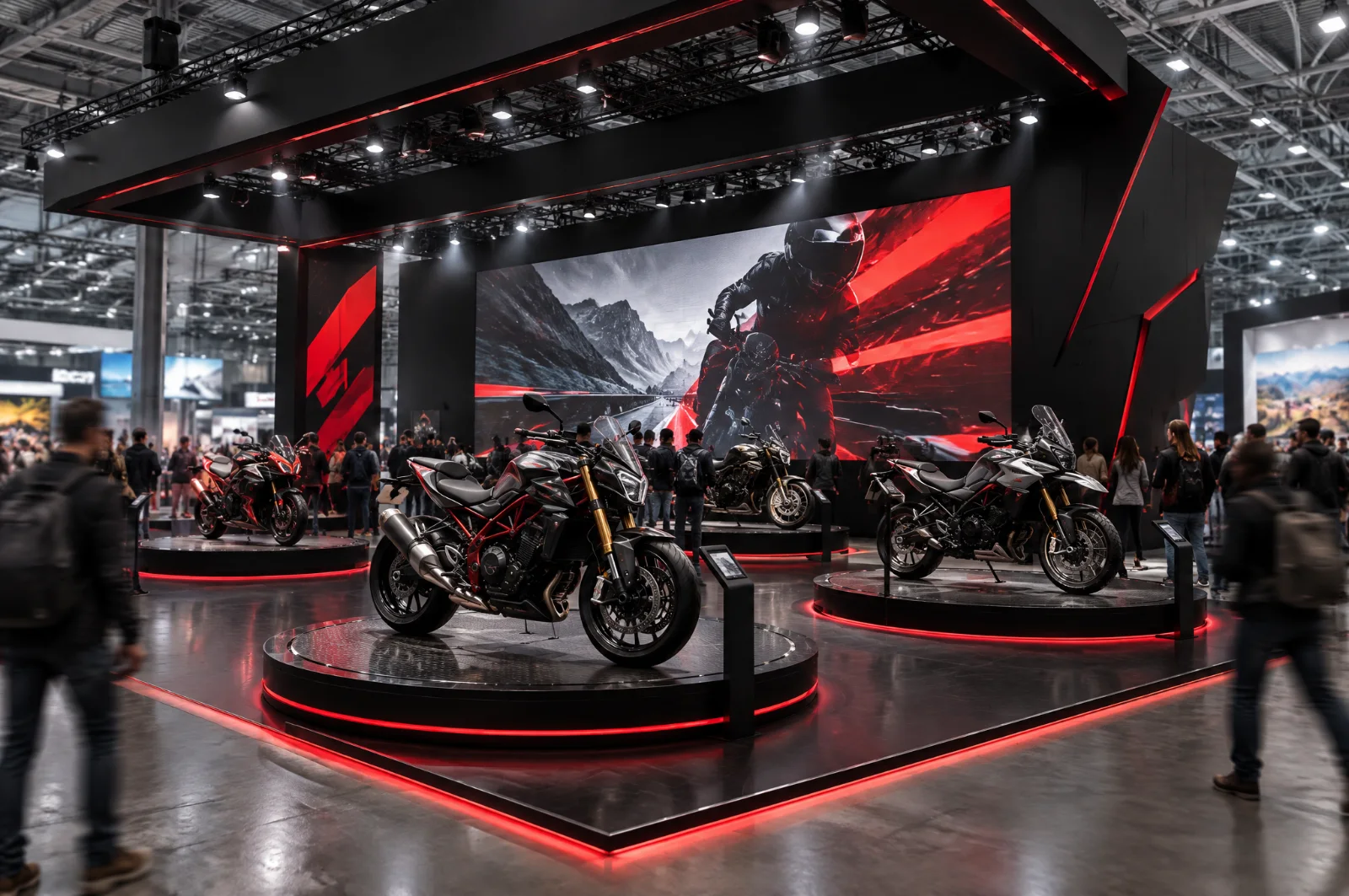 Render di stand per moto con motociclette su pedane rialzate, ledwall e luci d'effetto