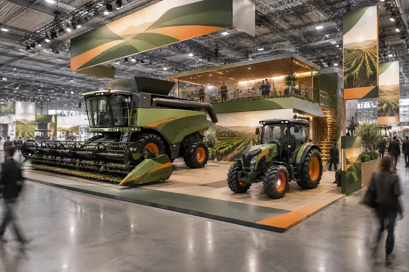 Render di stand per macchine agricole con mietitrebbia e trattore su grande pedana e pedana panoramica