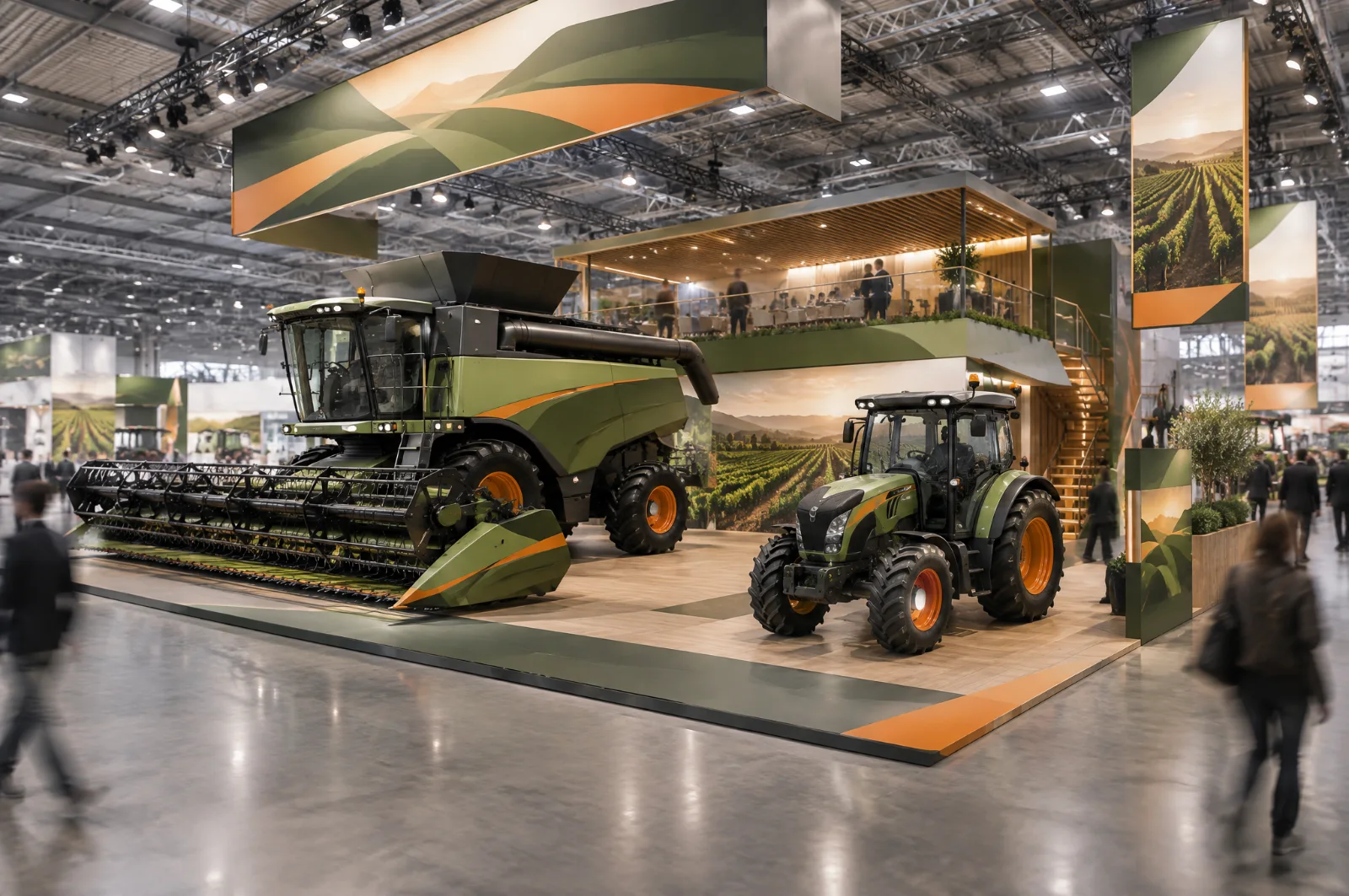 Render di stand per macchine agricole con mietitrebbia e trattore su grande pedana e pedana panoramica