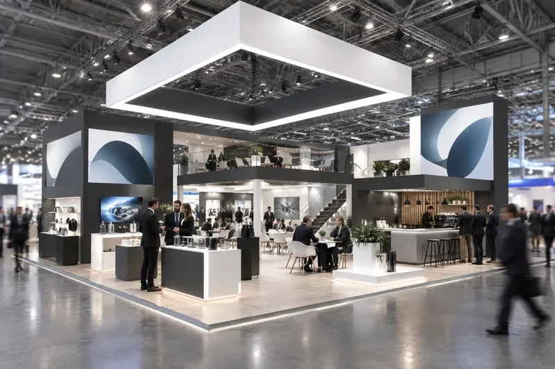 Render di grande stand fieristico per fiere all'estero con insegna sospesa, aree prodotto e bar