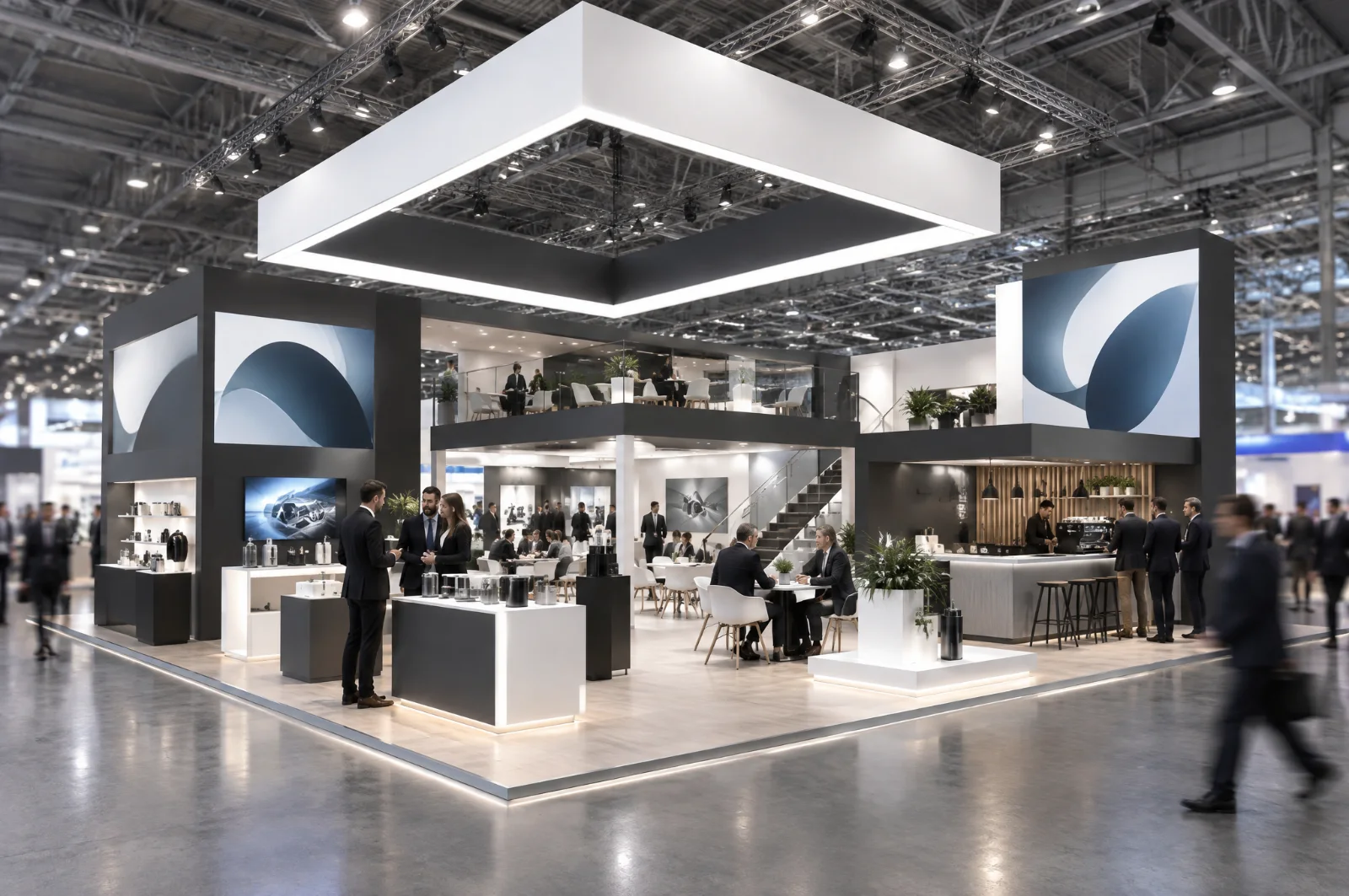 Render di grande stand fieristico per fiere all'estero con insegna sospesa, aree prodotto e bar