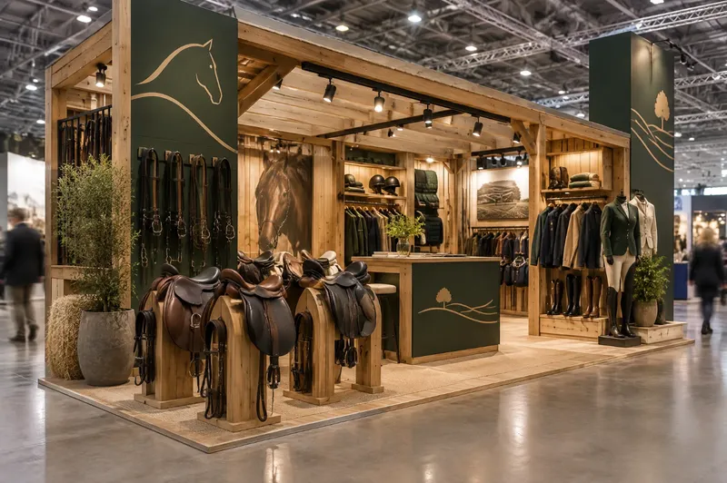 Render di stand per equitazione con selle su supporti in legno, finimenti e struttura in stile scuderia