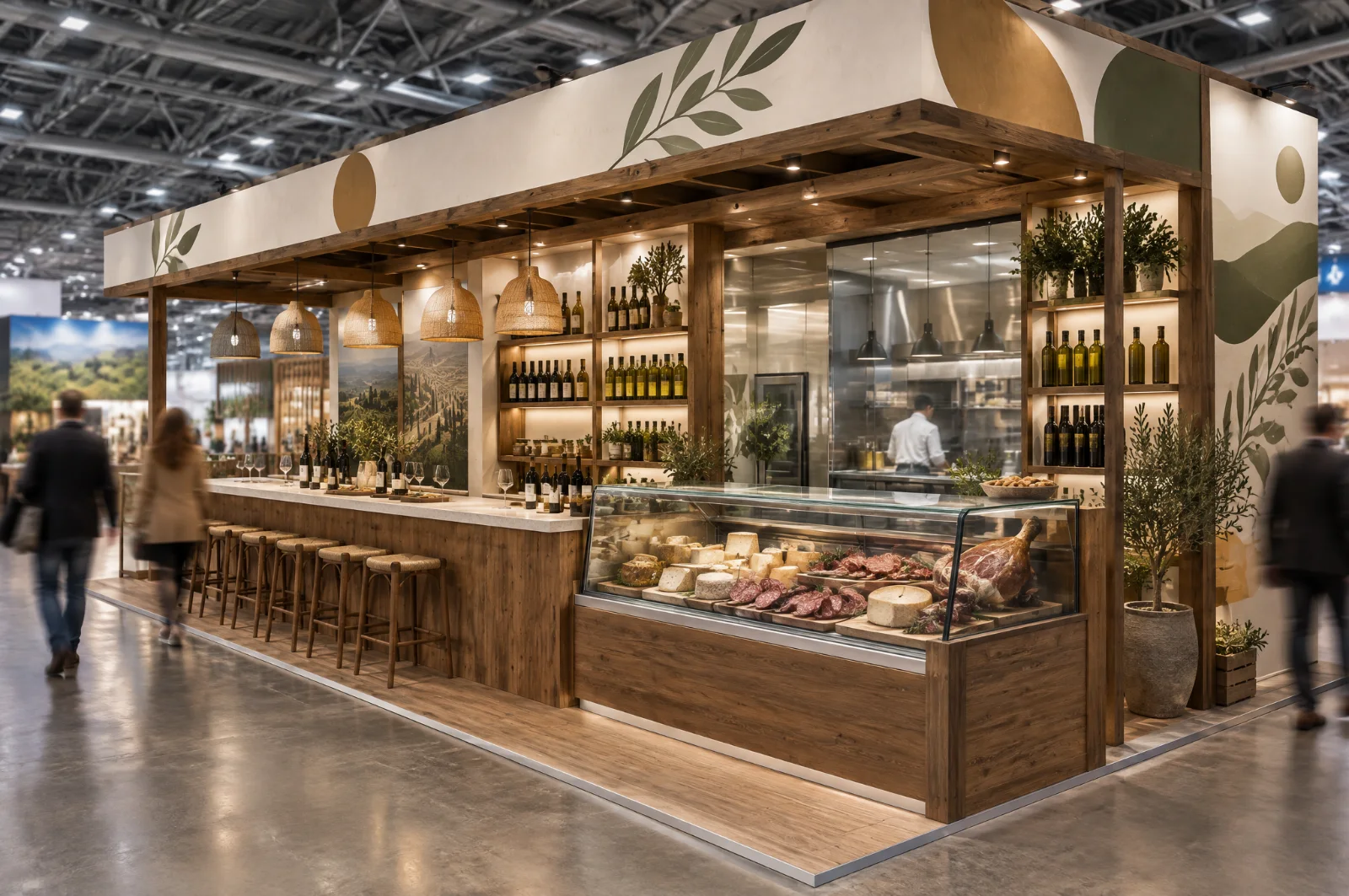 Render di stand per food e vino con banco degustazione, vetrina refrigerata e cucina a vista