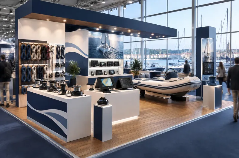 Render di stand per accessori nautici con strumenti di bordo, gommone e pavimento in teak