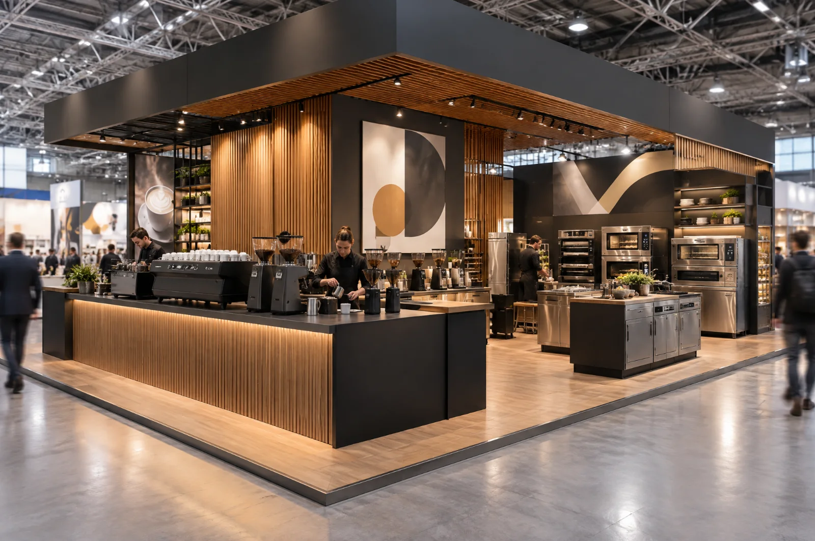 Render di stand per ospitalità con bar operativo, macchine da caffè professionali e attrezzature