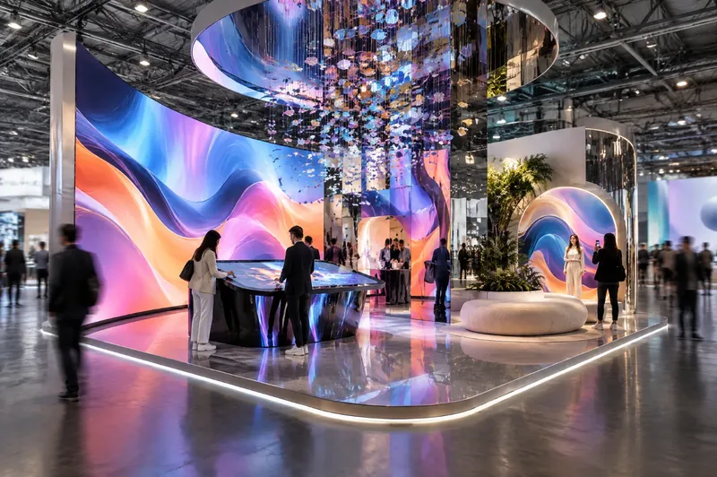 Render di stand fieristico innovativo con ledwall curvo, tavolo interattivo e installazione sospesa