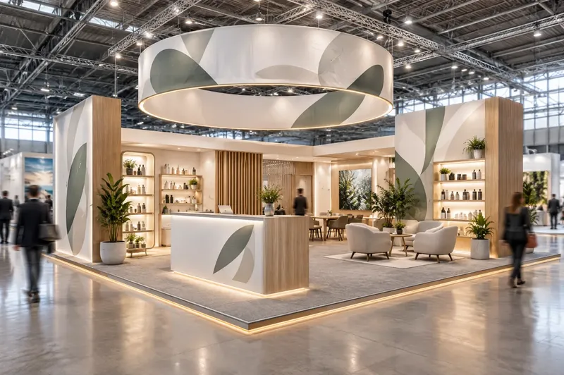 Render di stand fieristico a isola di 100 mq in rovere chiaro, con anello sospeso, reception e area lounge