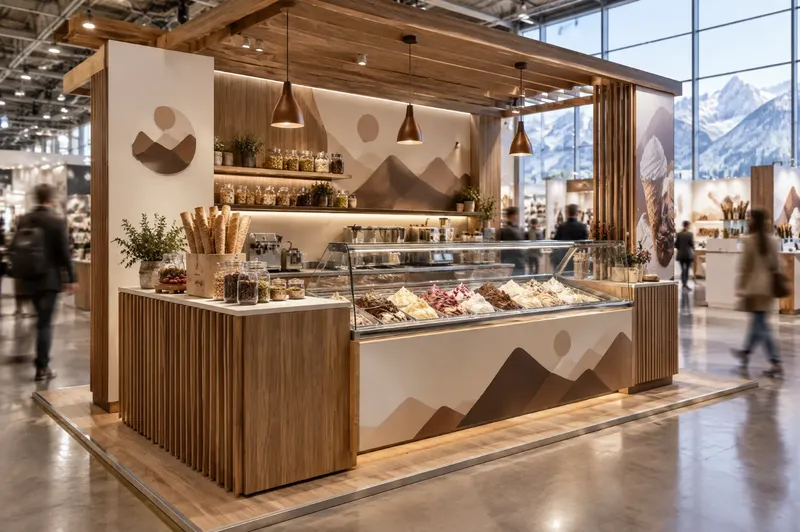 Render di stand per gelato artigianale con banco assaggi, vaschette di gelato e design alpino