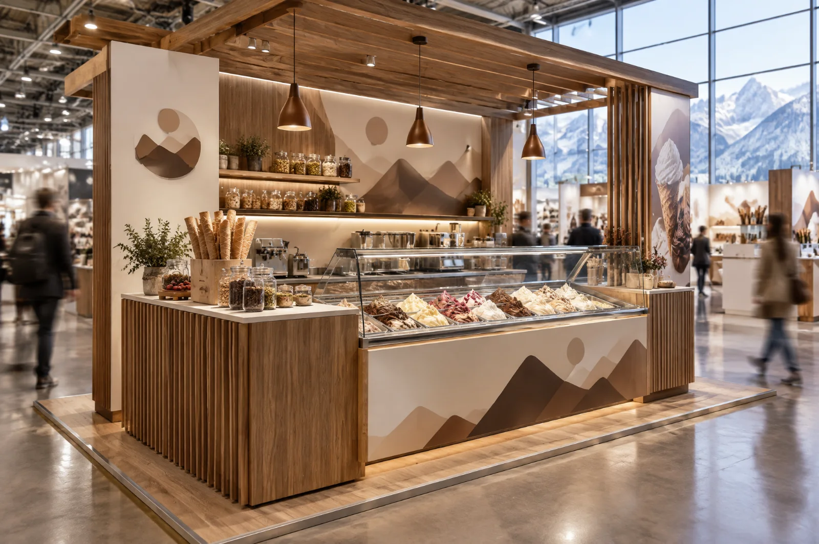 Render di stand per gelato artigianale con banco assaggi, vaschette di gelato e design alpino