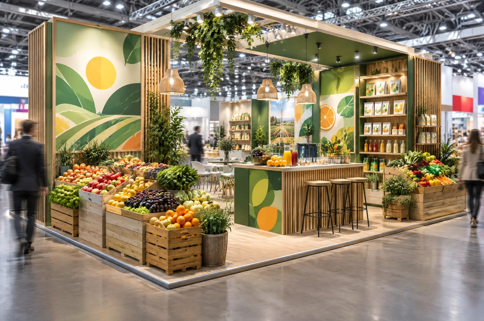 Render di stand ortofrutticolo con cassette di frutta e verdura, bar degli assaggi e legno naturale