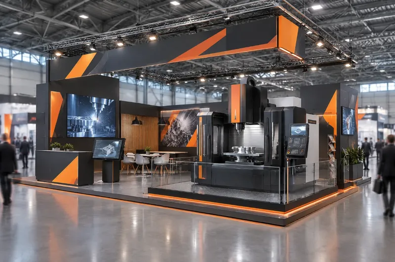 Render di stand per meccanica e industria con macchinario su pedana portante e schermi tecnici