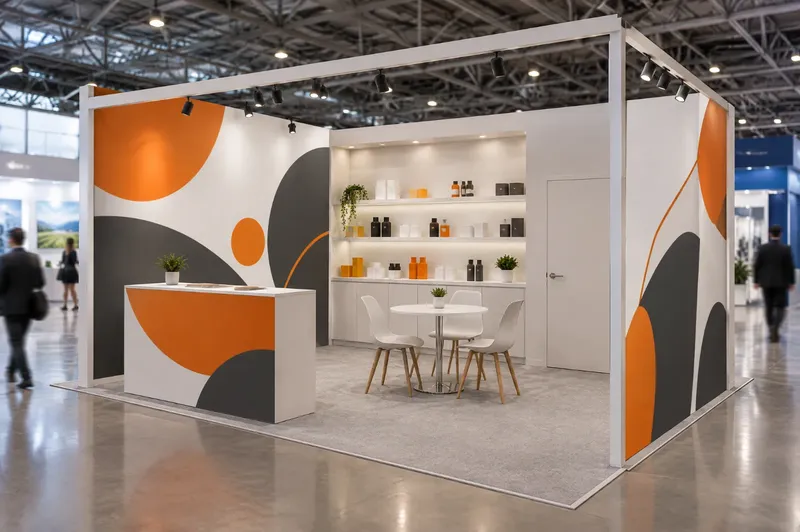 Render di stand fieristico di 32 mq con pareti grafiche, mensole espositive, banco e tavolo riunioni